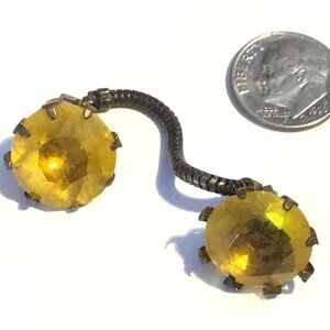 Antique Art Deco Cloak Closure, Brass and Faceted Yellow Glass